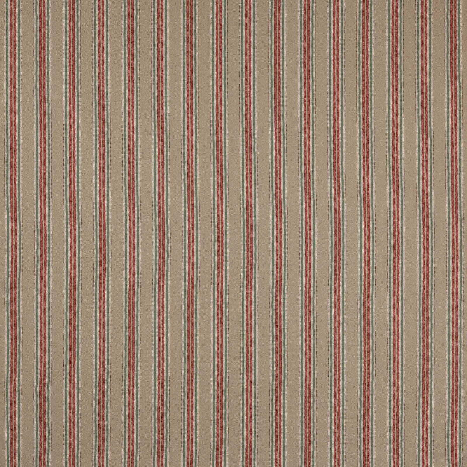 Vertical narrow red and green stripes on a beige woven linen-cotton fabric