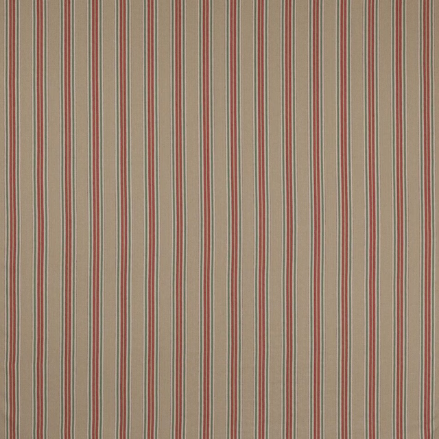 Vertical narrow red and green stripes on a beige woven linen-cotton fabric