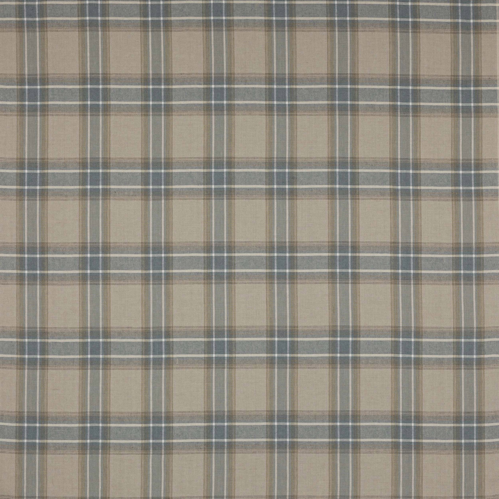 Muted blue-grey checked linen fabric with soft beige ground