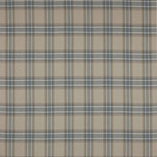 Muted blue-grey checked linen fabric with soft beige ground