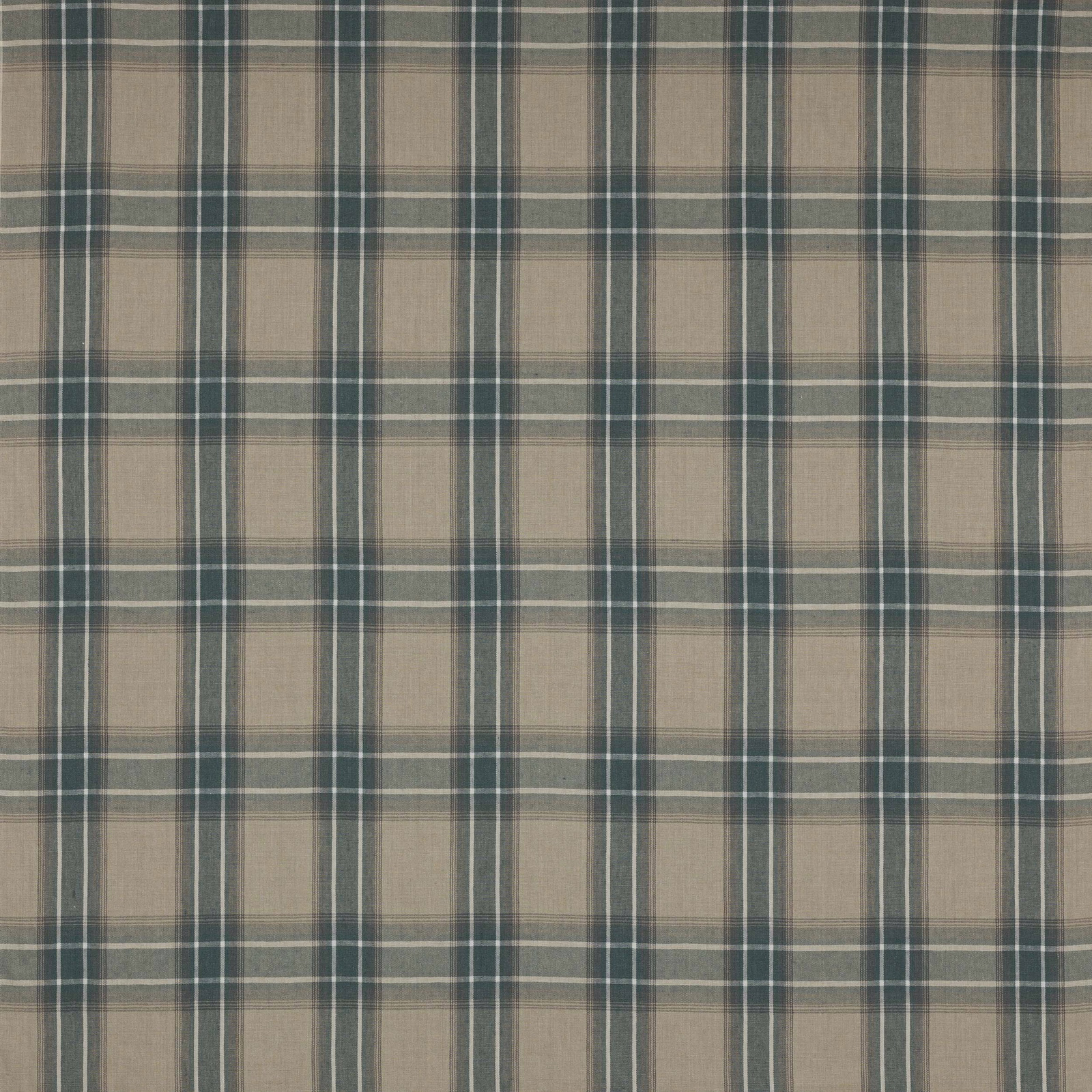 Forest green and stone checked linen fabric with fine woven texture
