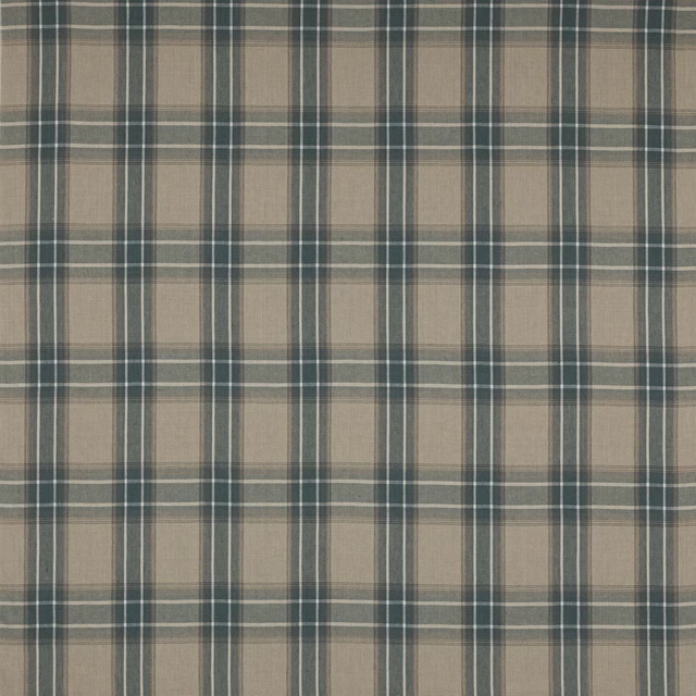 Forest green and stone checked linen fabric with fine woven texture