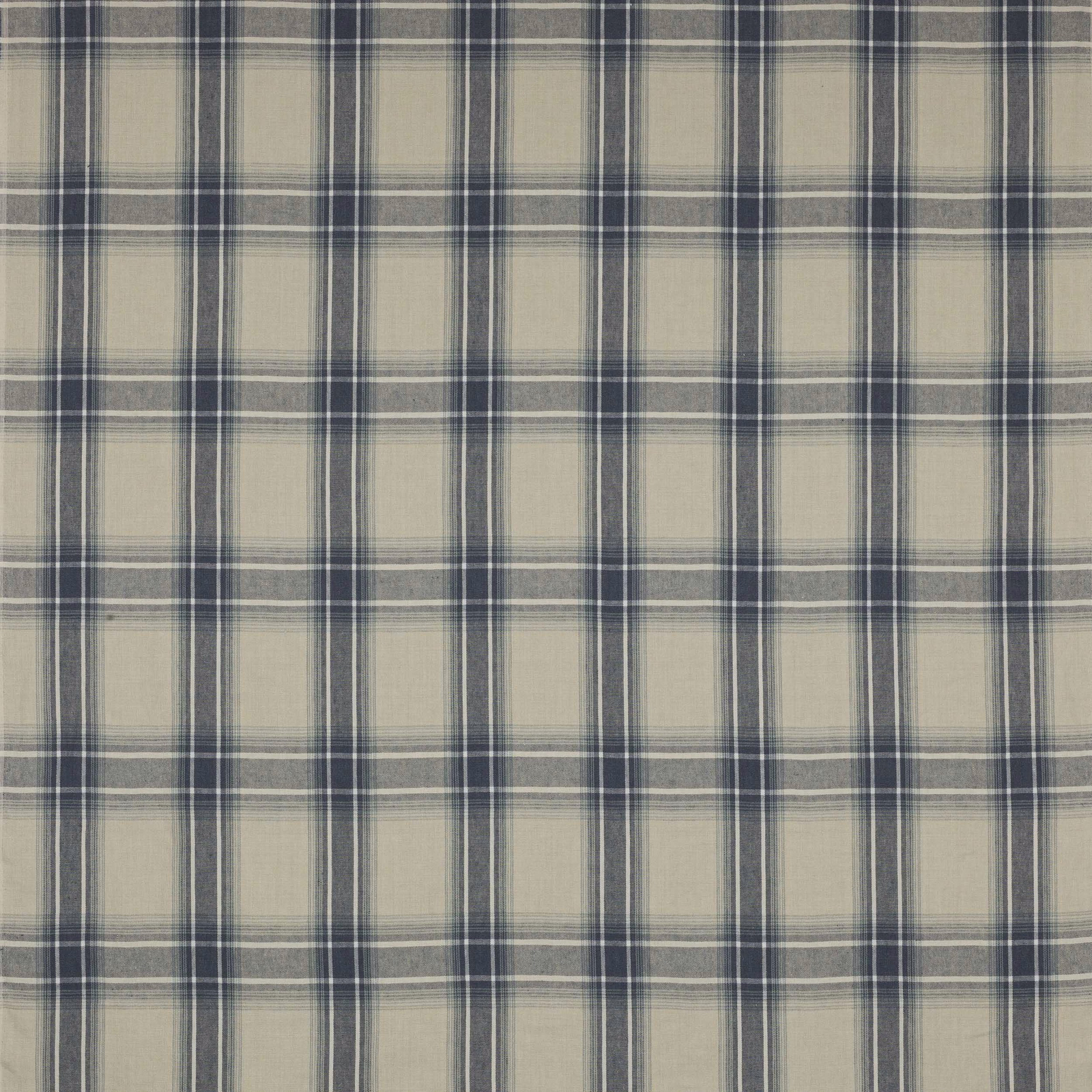 Navy and pale linen check fabric with a fine woven texture