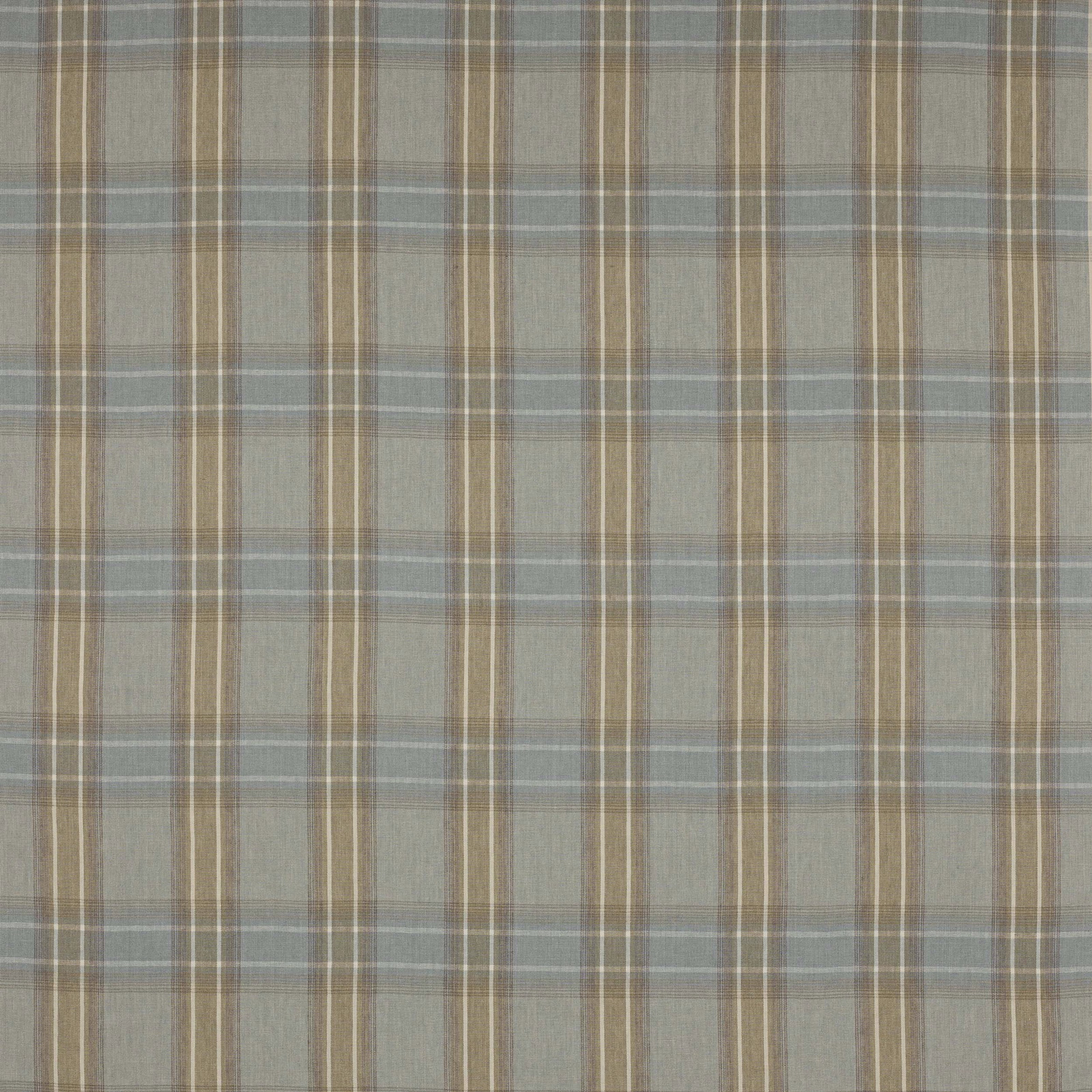 Soft blue-grey linen check with taupe stripes on a woven fabric swatch