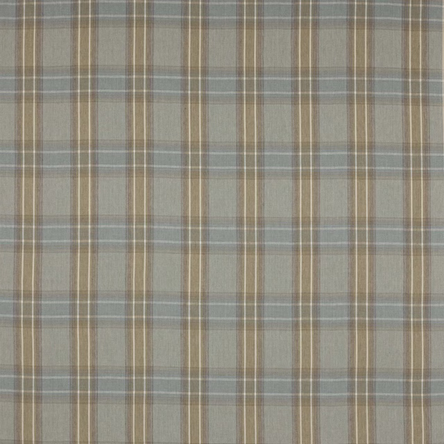 Soft blue-grey linen check with taupe stripes on a woven fabric swatch