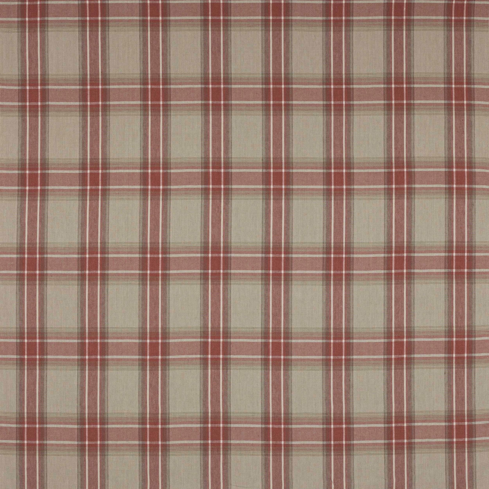 Muted red and beige linen check fabric with fine woven pinstripes