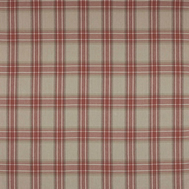 Muted red and beige linen check fabric with fine woven pinstripes