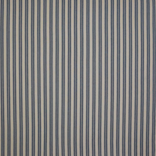Close-up of navy and natural vertical stripe linen fabric swatch