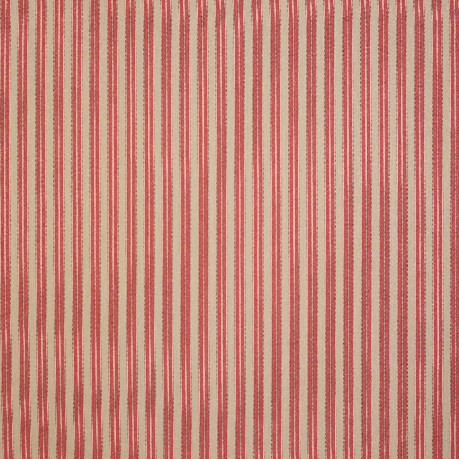 Vertical coral-red and cream striped linen fabric with fine texture