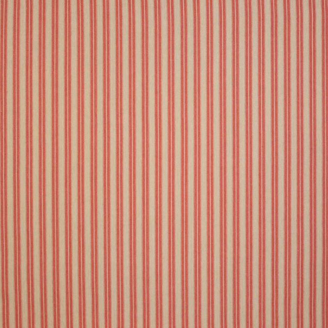 Vertical coral-red and cream striped linen fabric with fine texture