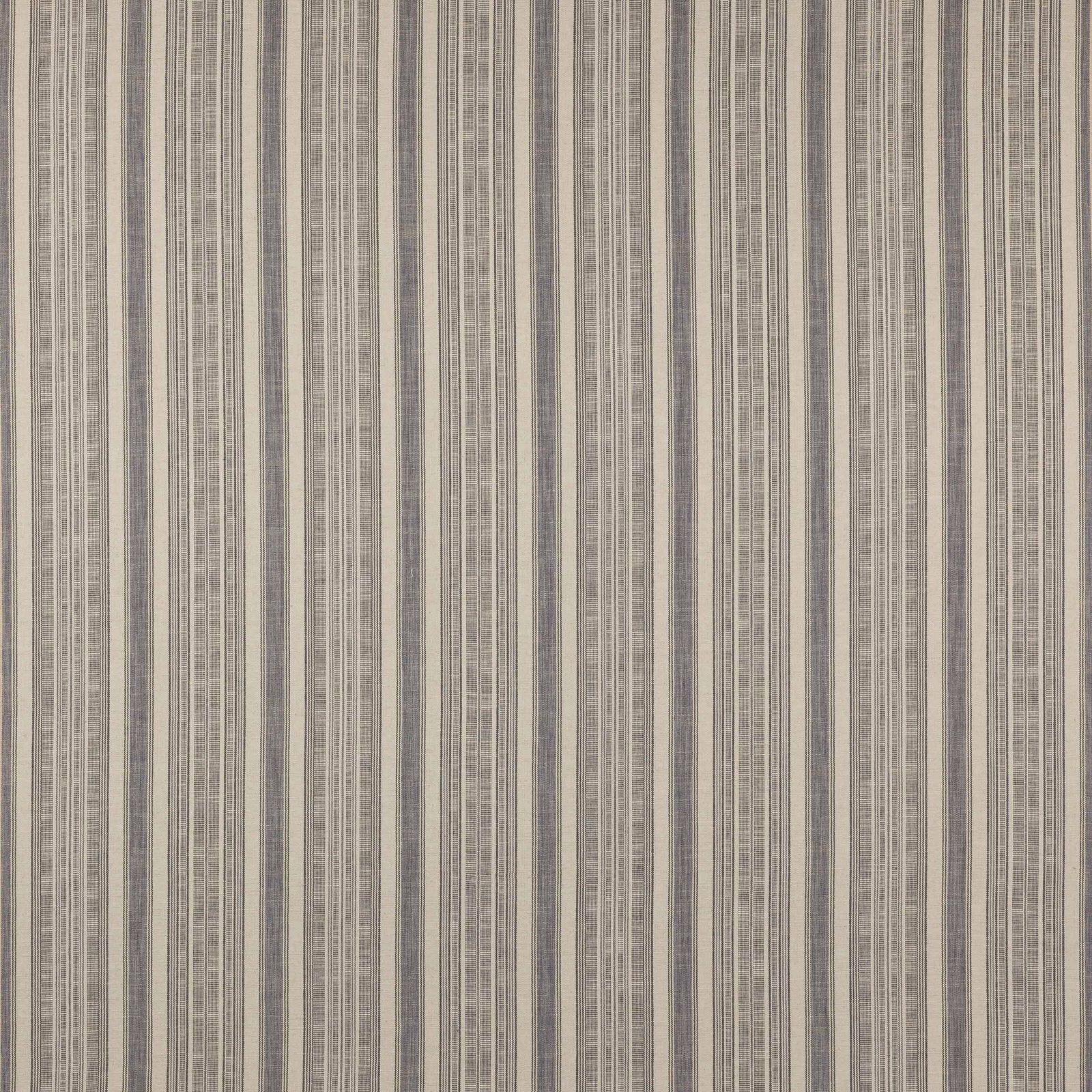 Vertical fine blue and neutral stripe fabric swatch with subtle woven texture