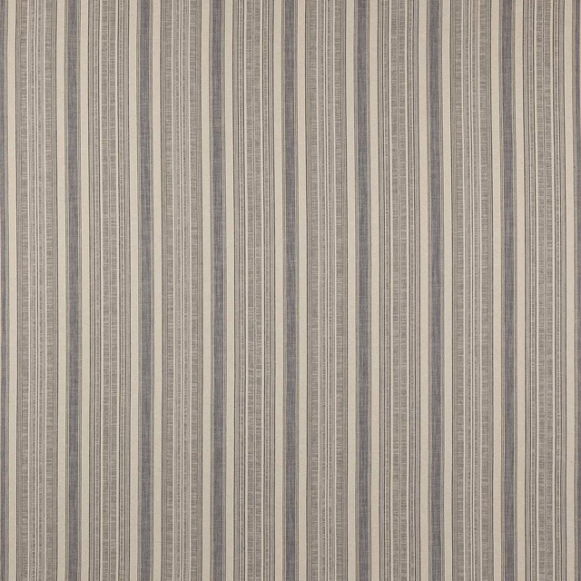 Vertical fine blue and neutral stripe fabric swatch with subtle woven texture