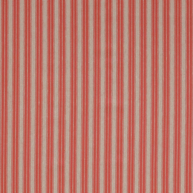 Vertical red and natural linen stripes on a finely woven fabric swatch