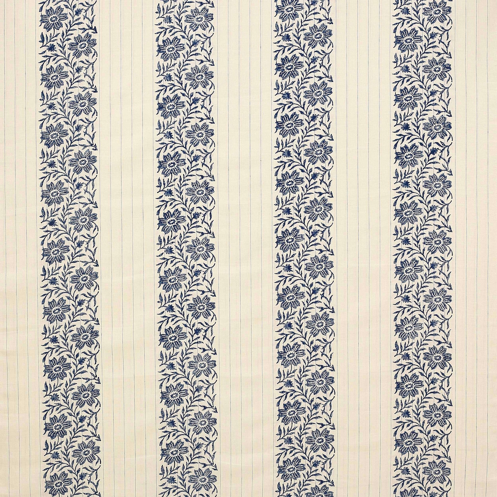 Navy floral stripe on cream linen with fine vertical striations