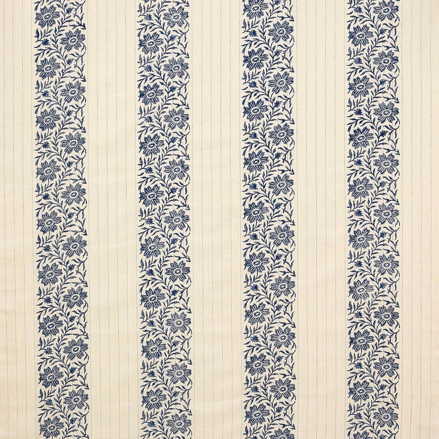 Navy floral stripe on cream linen with fine vertical striations