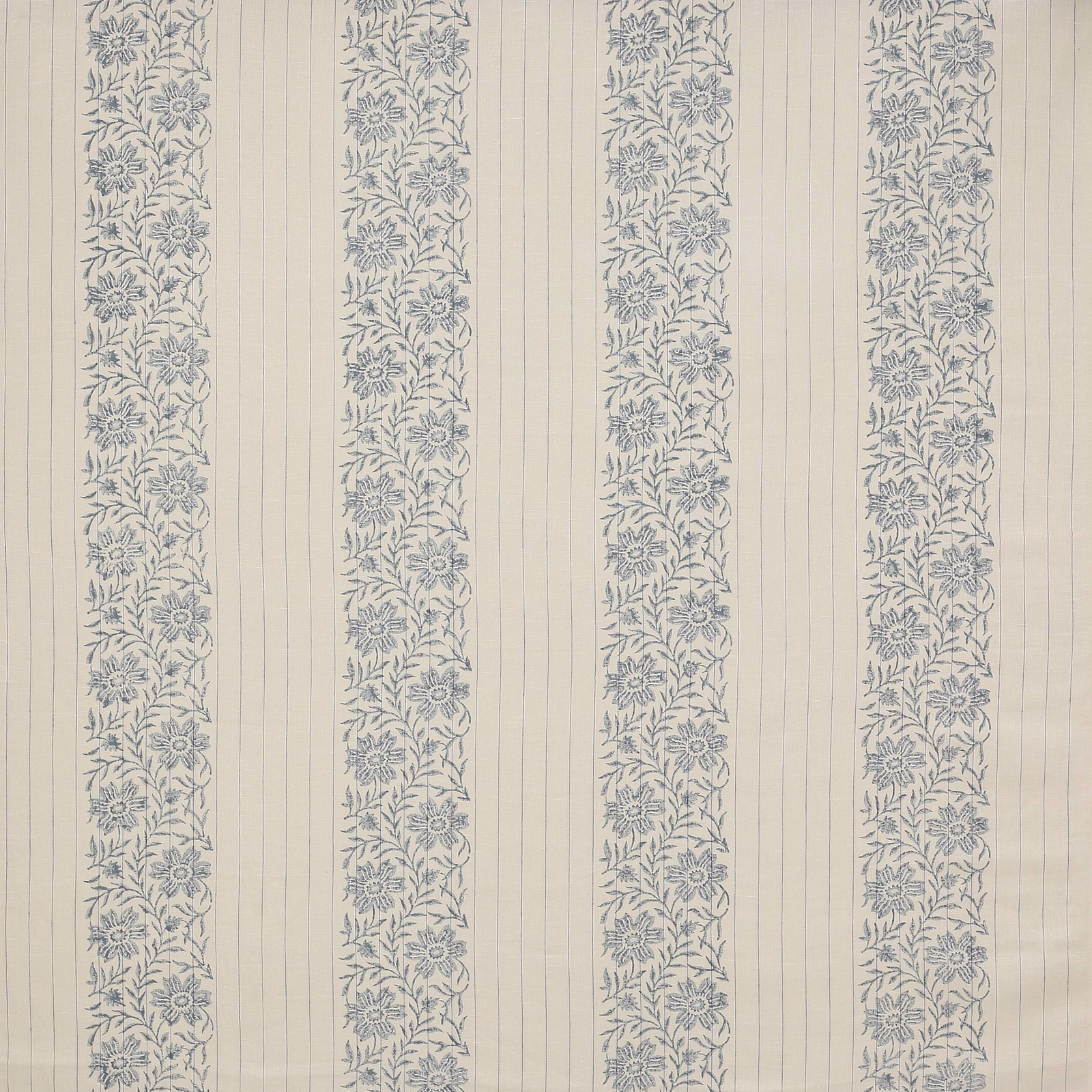 Pale blue floral stripe on ivory linen fabric swatch