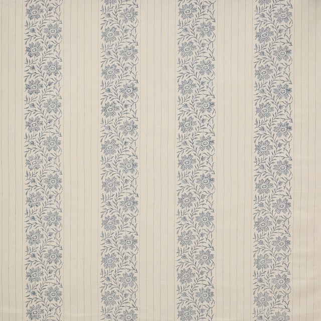 Pale blue floral stripe on ivory linen fabric swatch
