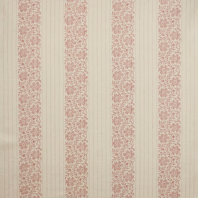 Pale linen fabric with vertical blush pink floral stripe bands