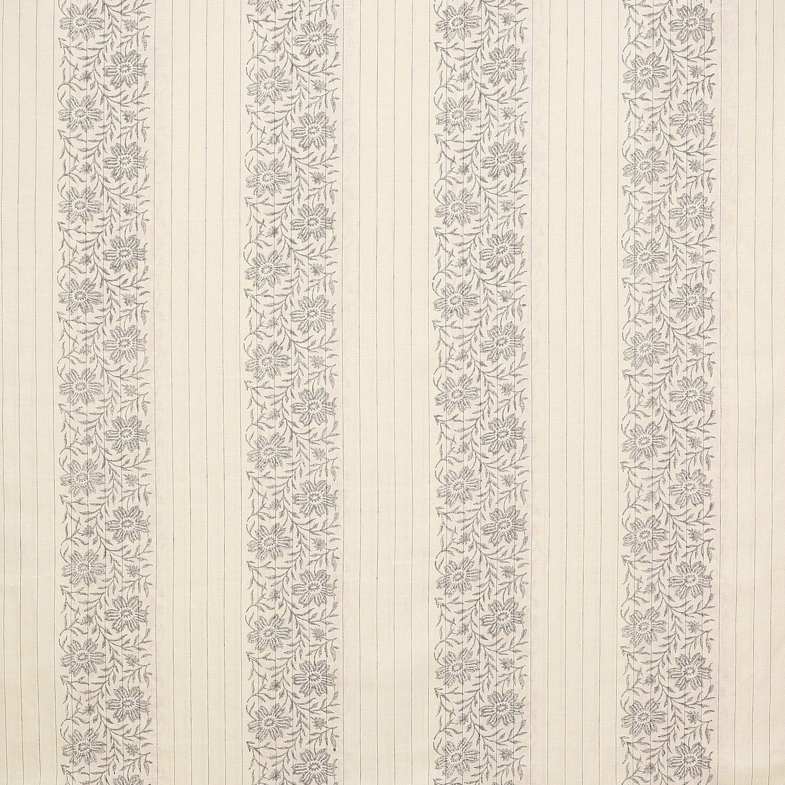 Pale silver linen fabric with vertical floral stripes and fine pinstripe ground
