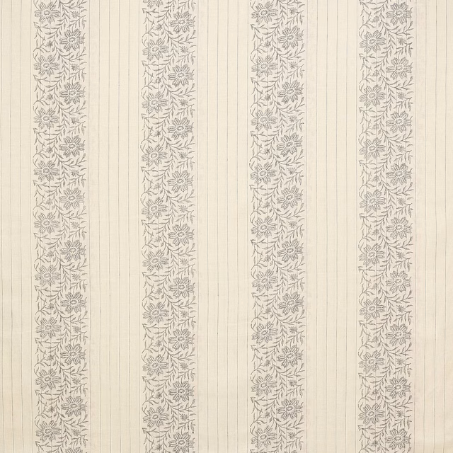 Pale silver linen fabric with vertical floral stripes and fine pinstripe ground