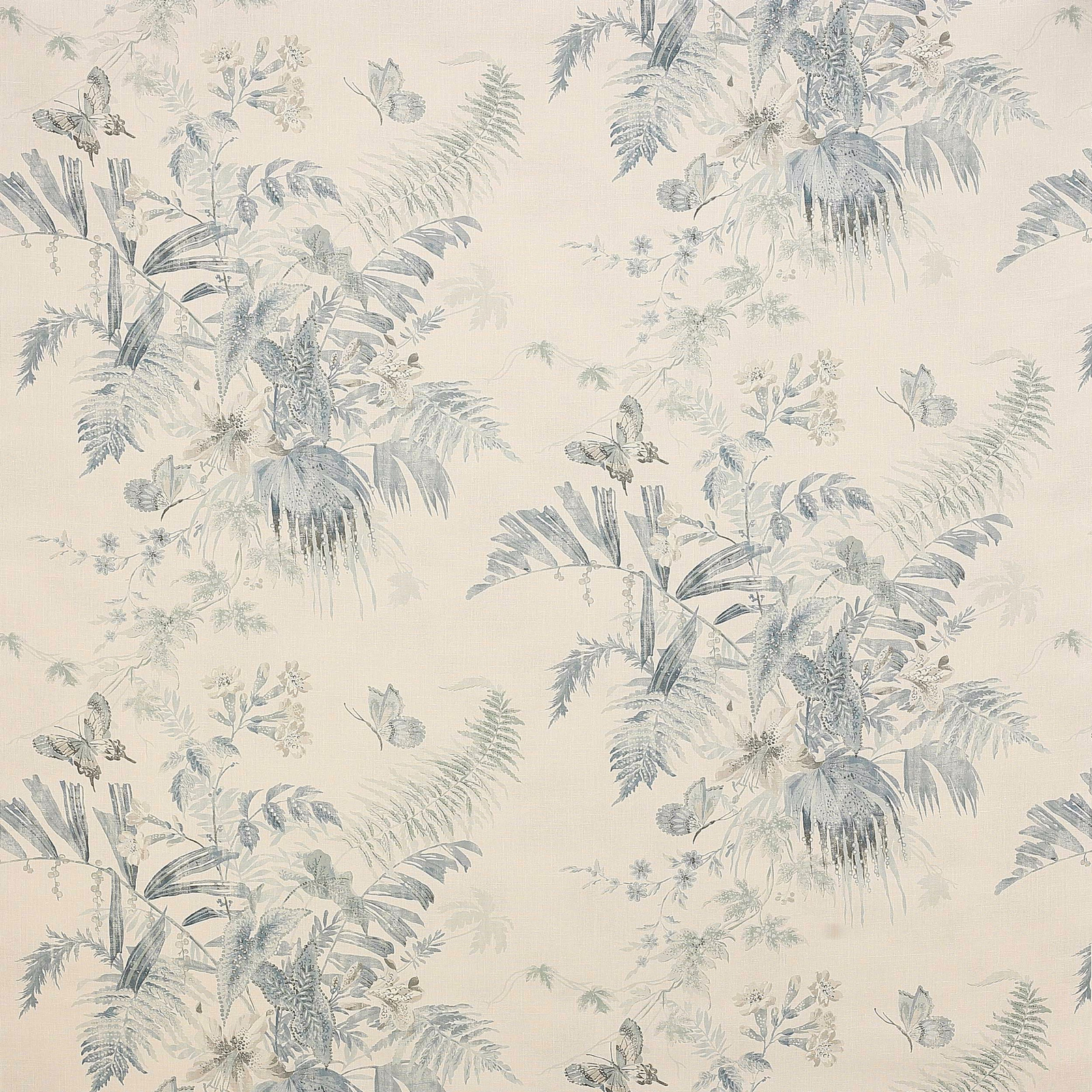 Cream linen fabric with soft blue botanical foliage and butterflies