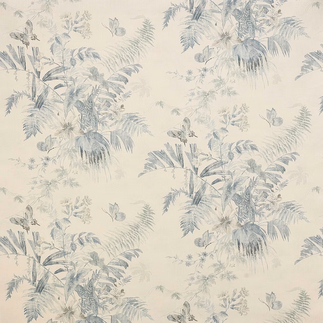 Cream linen fabric with soft blue botanical foliage and butterflies