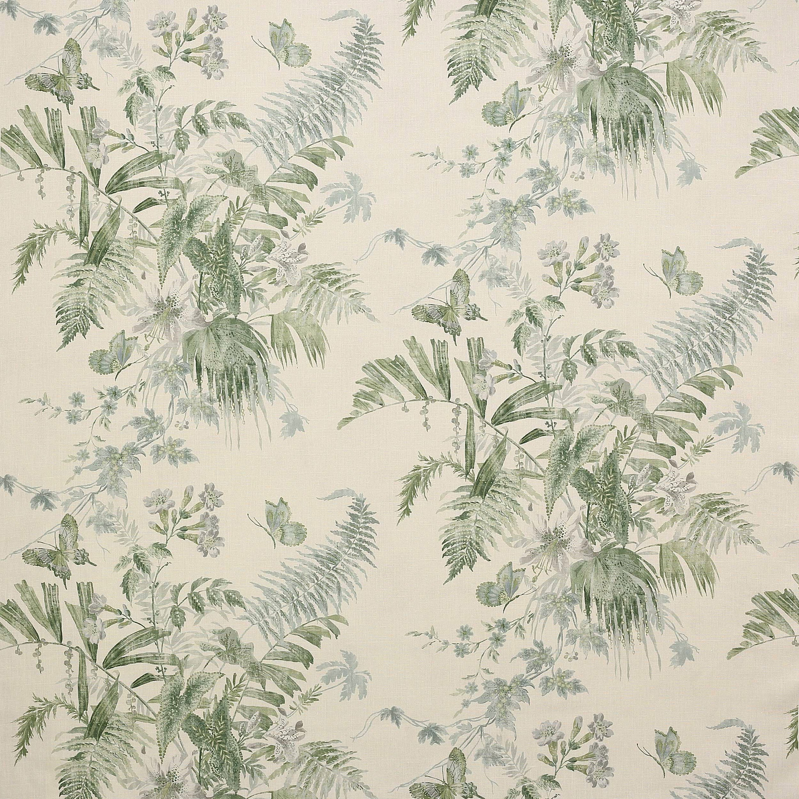 Cream linen fabric with soft sage botanical leaf and fern print