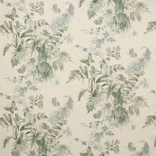 Cream linen fabric with soft sage botanical leaf and fern print