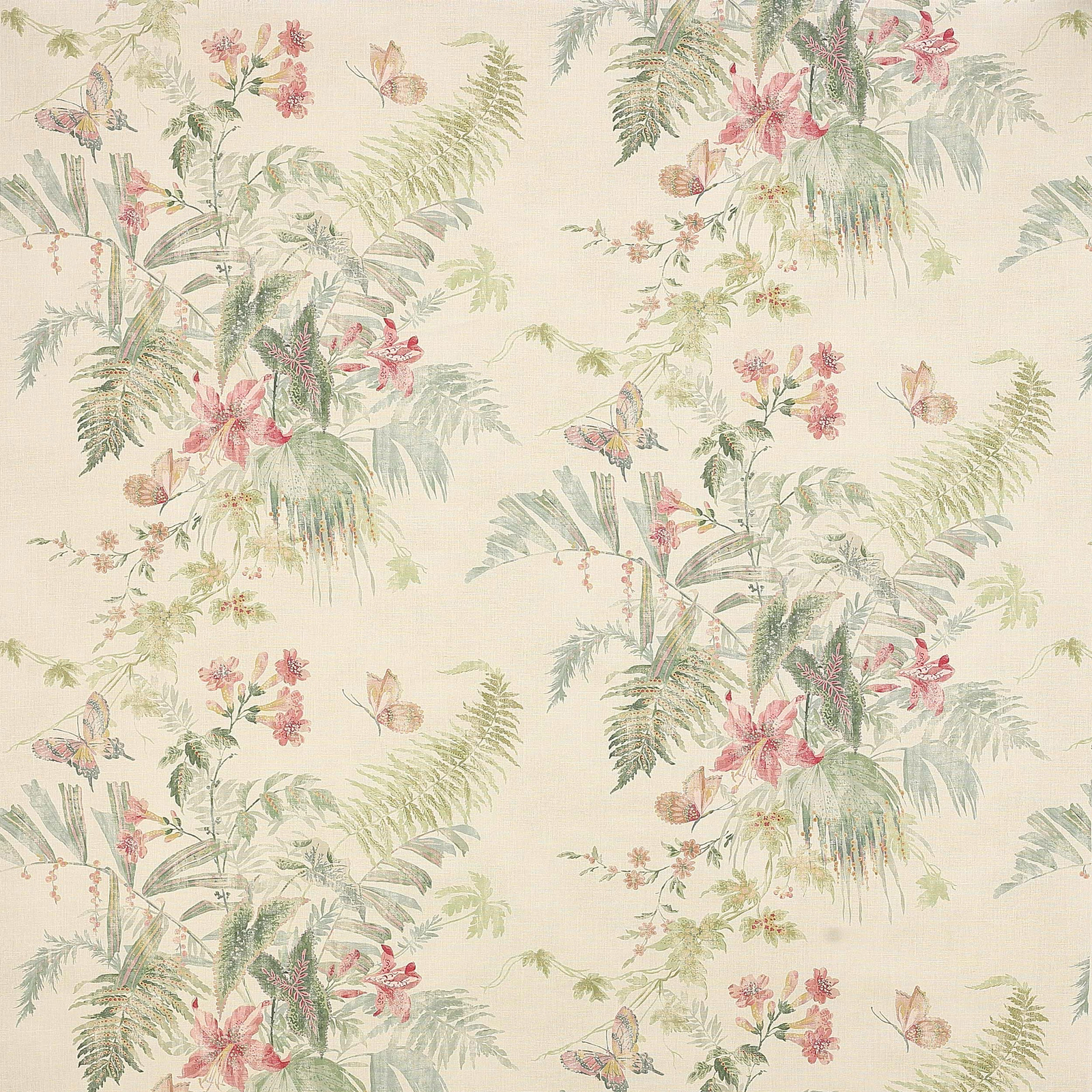 Cream linen fabric with soft pink flowers, sage foliage, and butterflies
