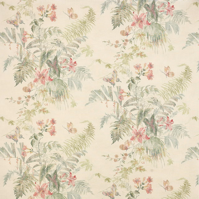 Cream linen fabric with soft pink flowers, sage foliage, and butterflies