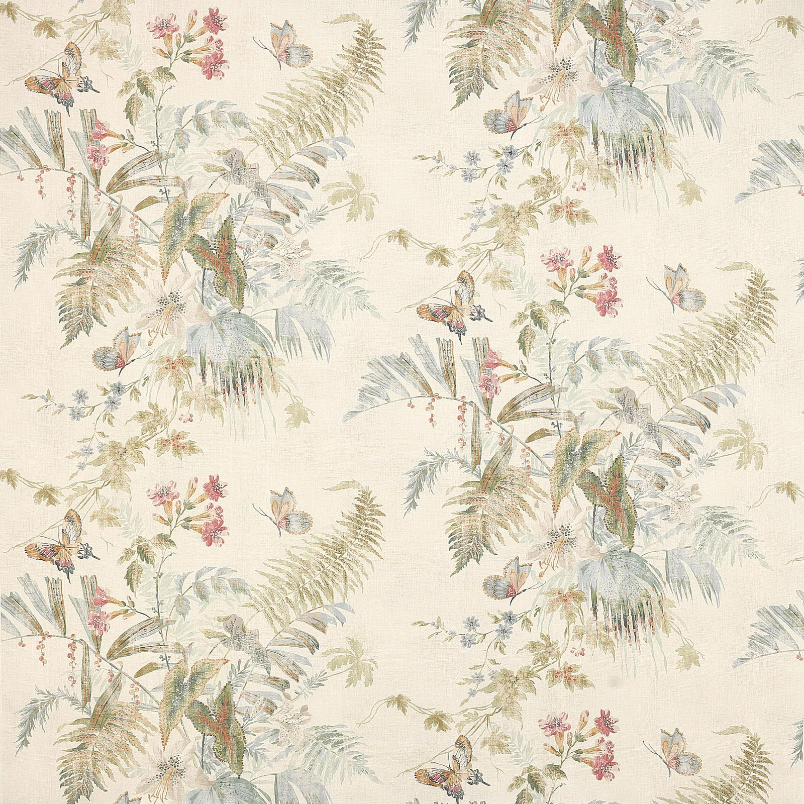 Cream linen fabric with airy botanical sprays, butterflies and fern fronds