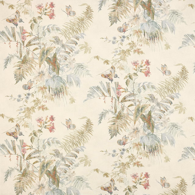 Cream linen fabric with airy botanical sprays, butterflies and fern fronds