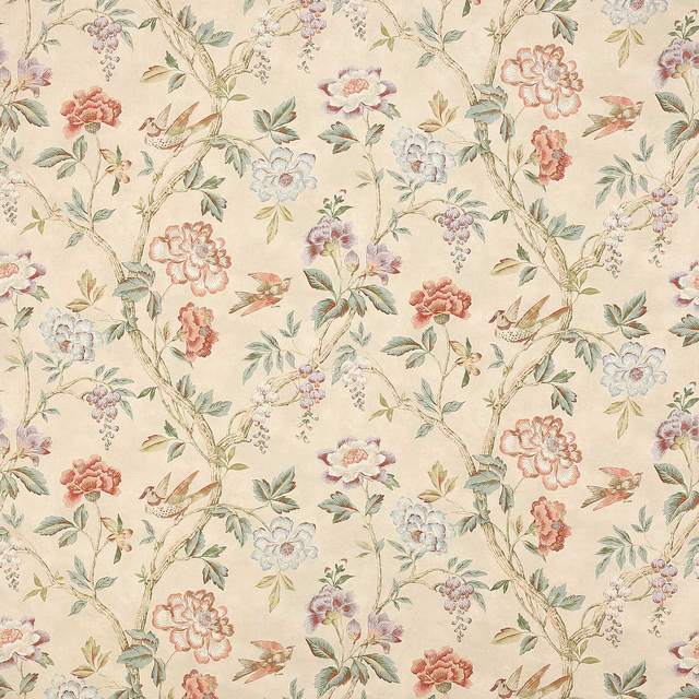 Cream linen fabric with coral and sage floral vines and small birds
