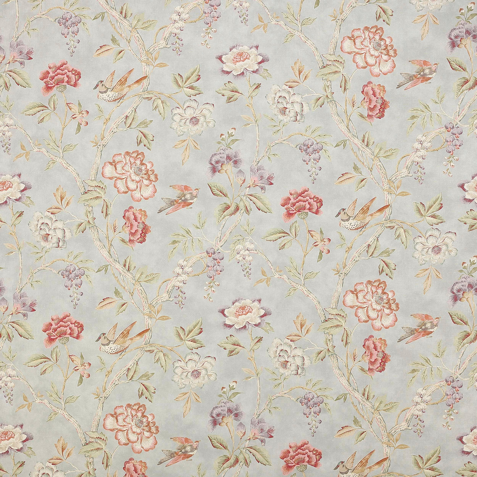 Pale dusty blue linen with scattered blush floral and bird motif