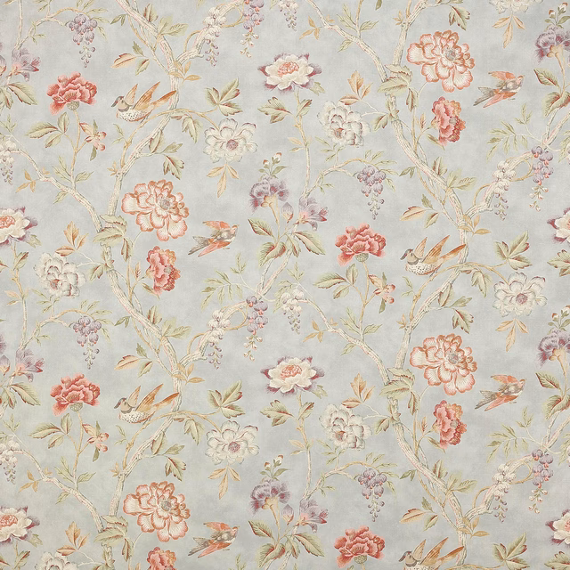 Pale dusty blue linen with scattered blush floral and bird motif