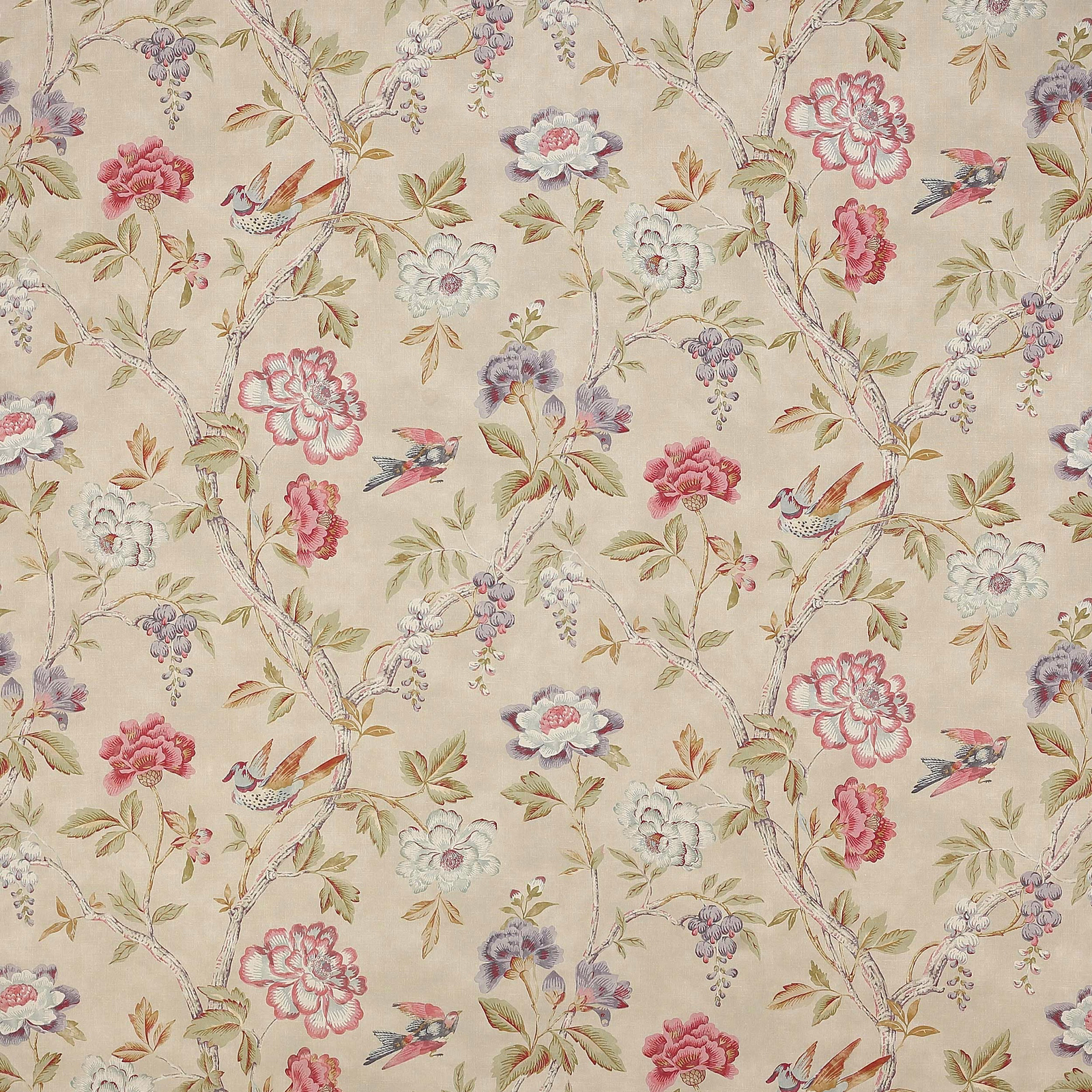 Large floral linen fabric with pink blossoms, green leaves and small birds on ivory