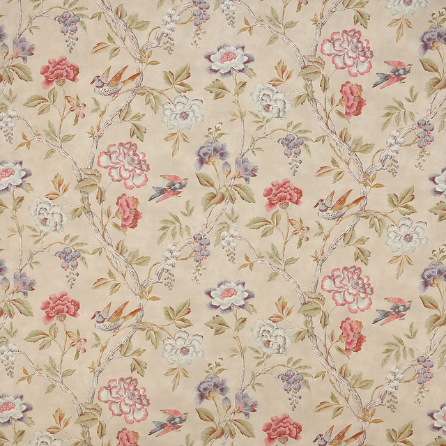 Large floral linen fabric with pink blossoms, green leaves and small birds on ivory