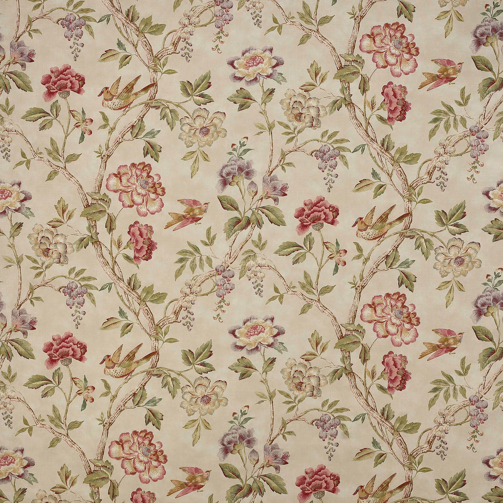 Painterly red and sage floral linen with trailing vines and small birds