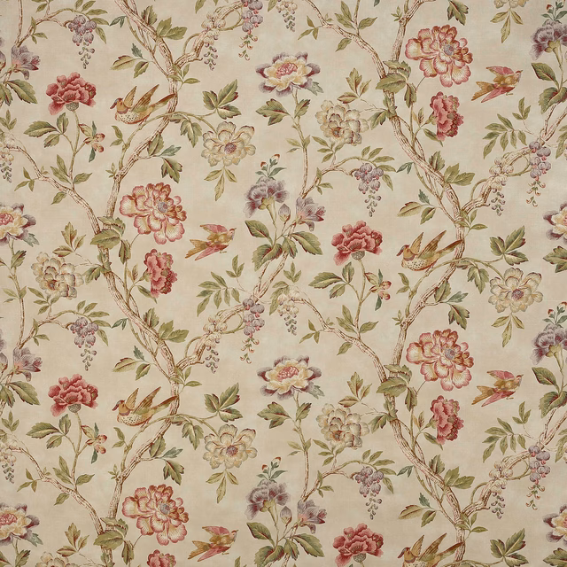 Painterly red and sage floral linen with trailing vines and small birds