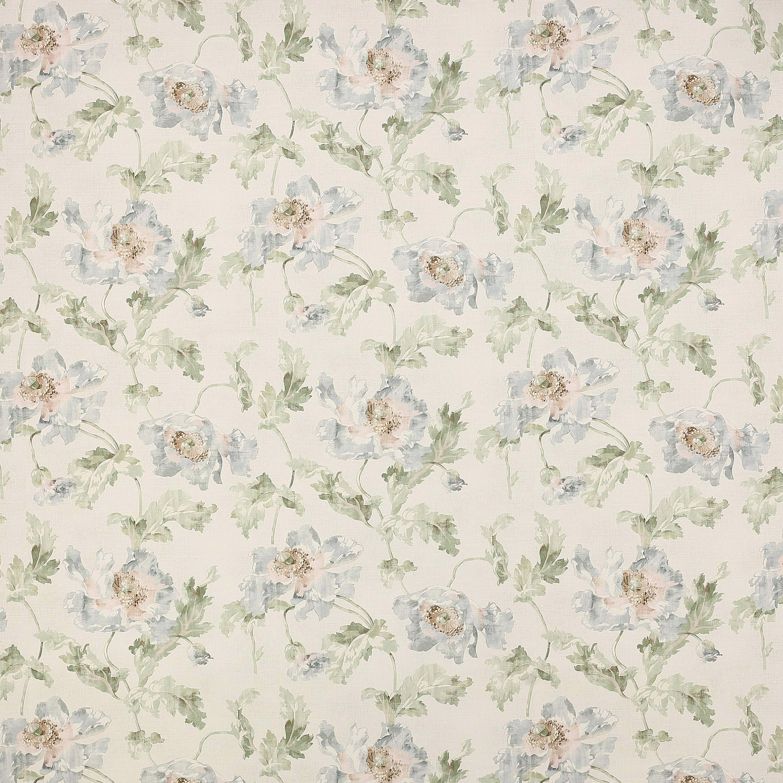 Pale blue and sage floral fabric on a creamy ground, with soft painterly blooms