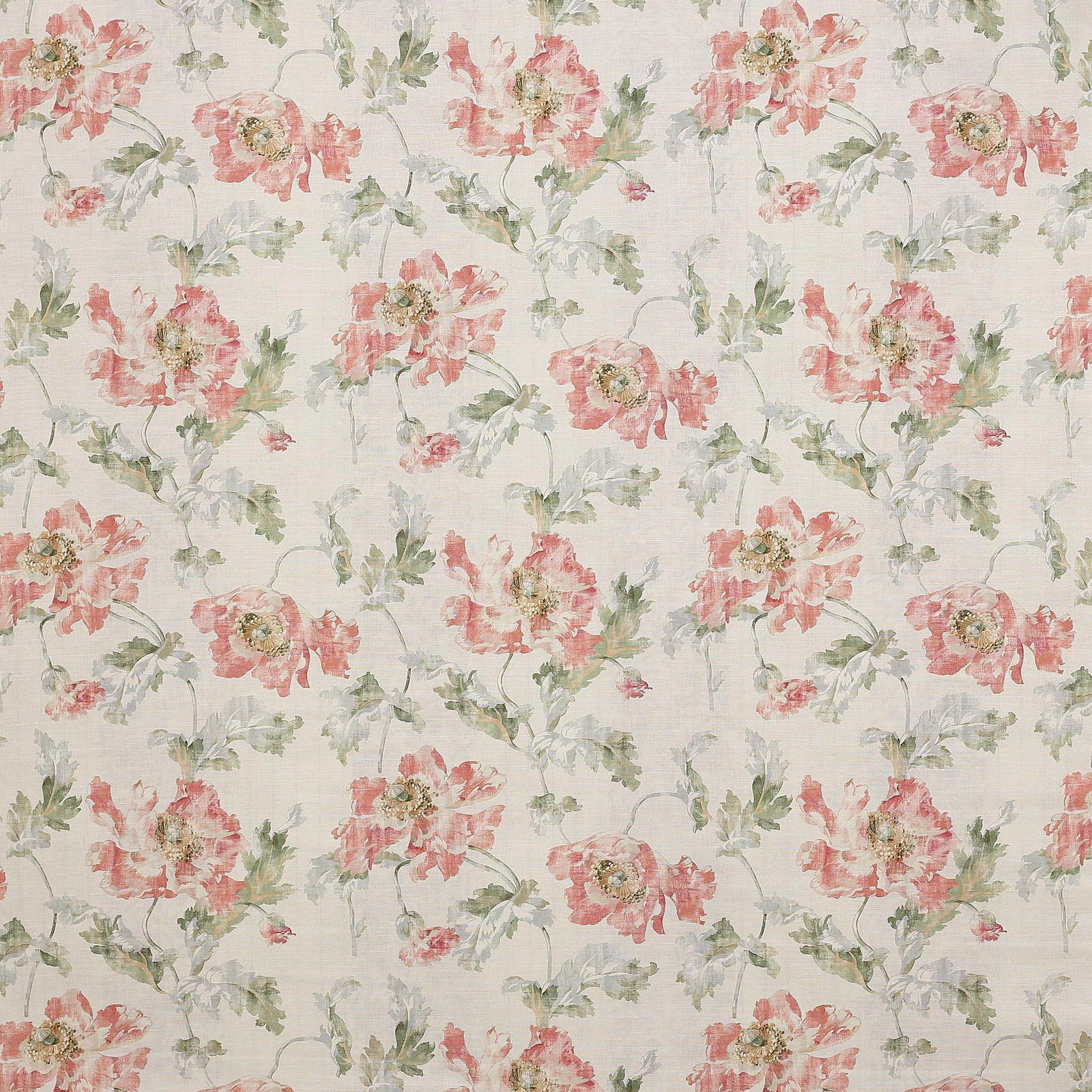 Soft coral floral fabric with muted sage leaves on an ivory ground