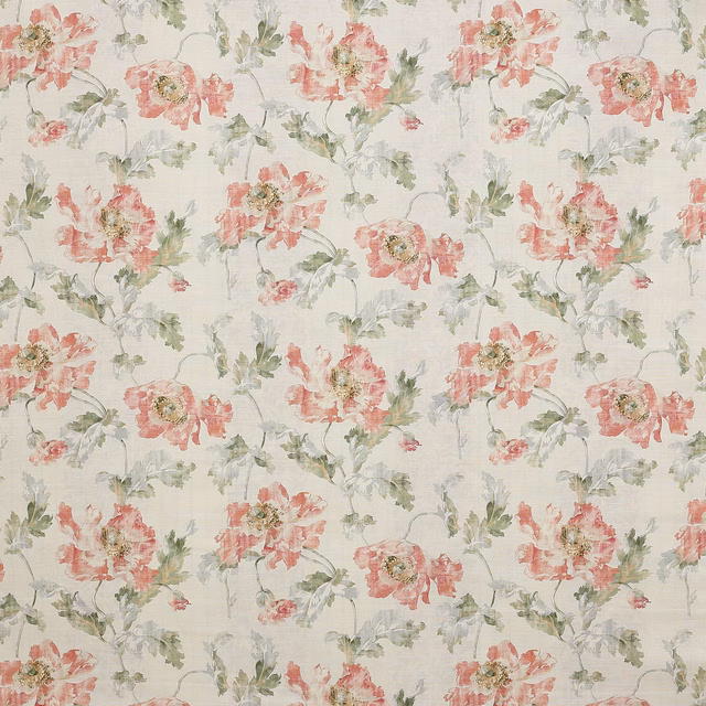 Soft coral floral fabric with muted sage leaves on an ivory ground