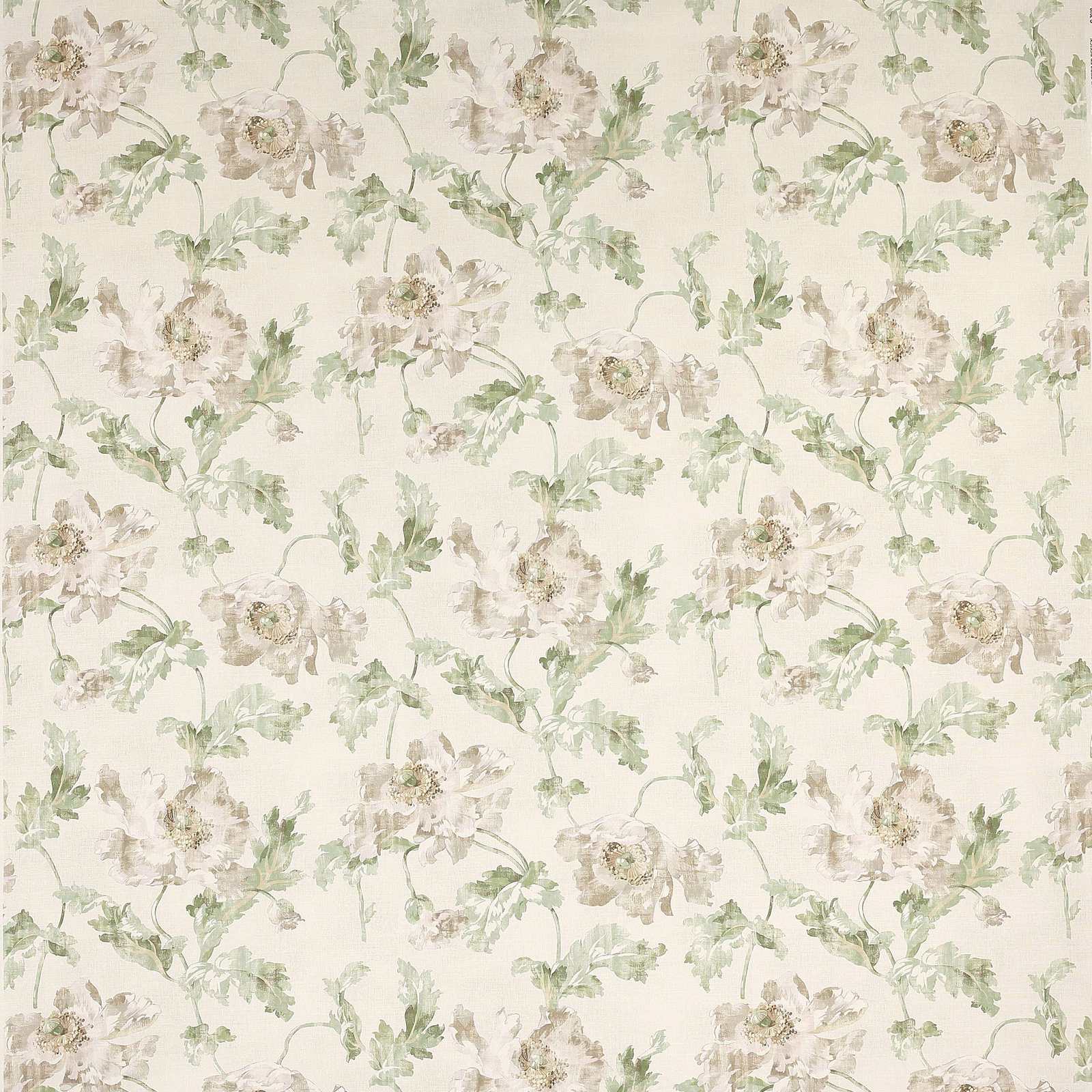 Soft ivory floral fabric with silver-green leaves and pale blossoms