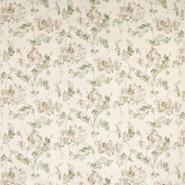 Soft ivory floral fabric with silver-green leaves and pale blossoms