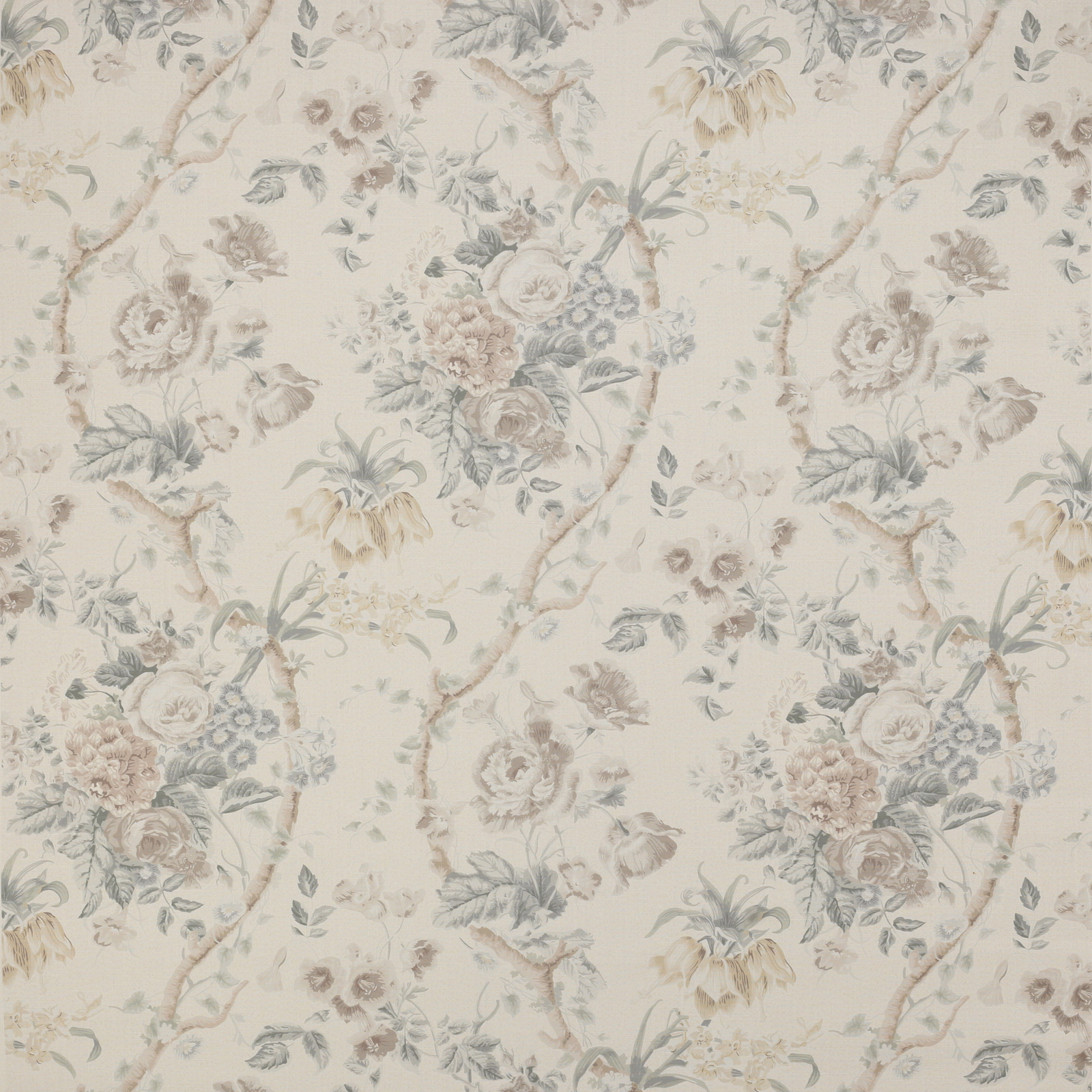 Cream linen swatch with faded blue-grey floral bouquets and trailing vines