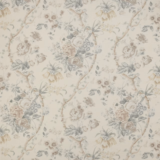 Cream linen swatch with faded blue-grey floral bouquets and trailing vines