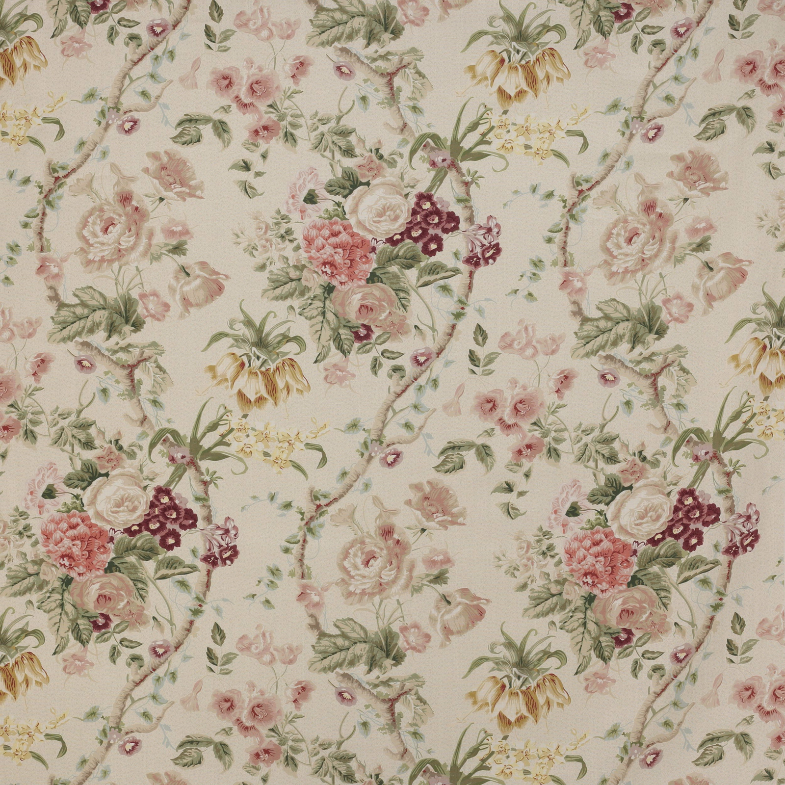 Cream linen floral fabric with blush pink roses, sage leaves and burgundy accents