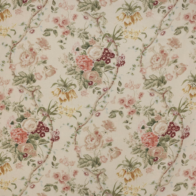 Cream linen floral fabric with blush pink roses, sage leaves and burgundy accents