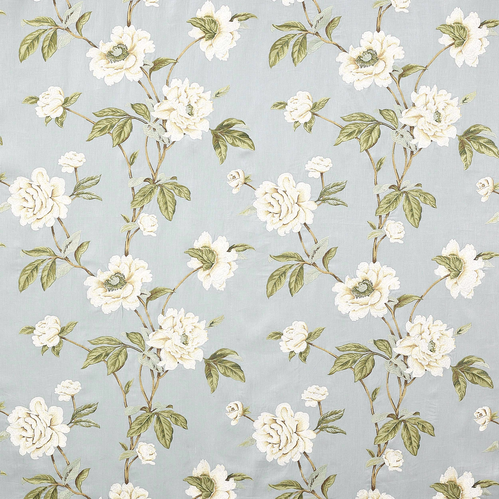 Pale blue floral fabric with ivory blooms and olive-green leaves on a woven ground