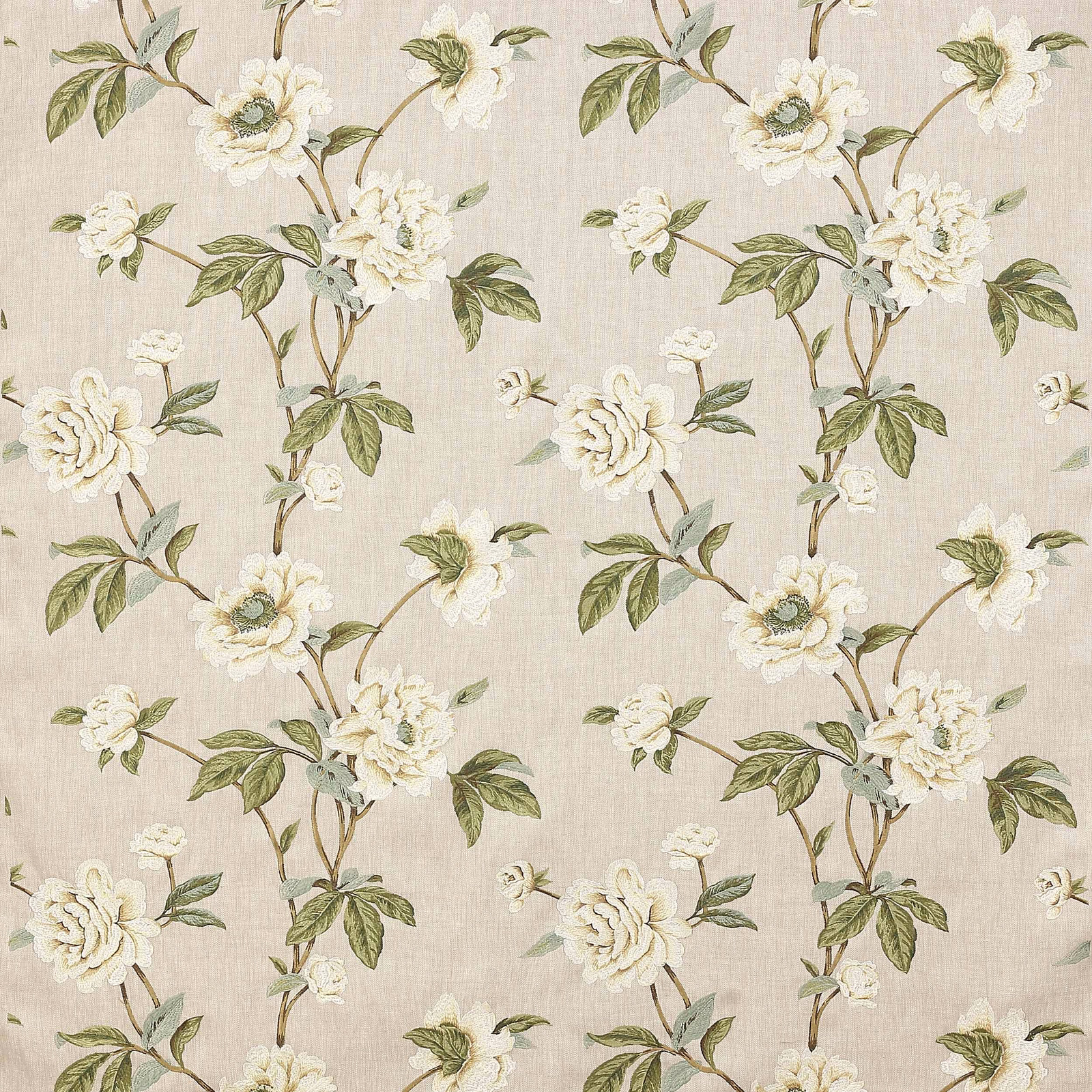Ivory floral fabric with soft green leaves and cream blossoms on a linen-textured ground